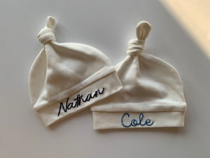 White Embroidered Knotted Baby Hat