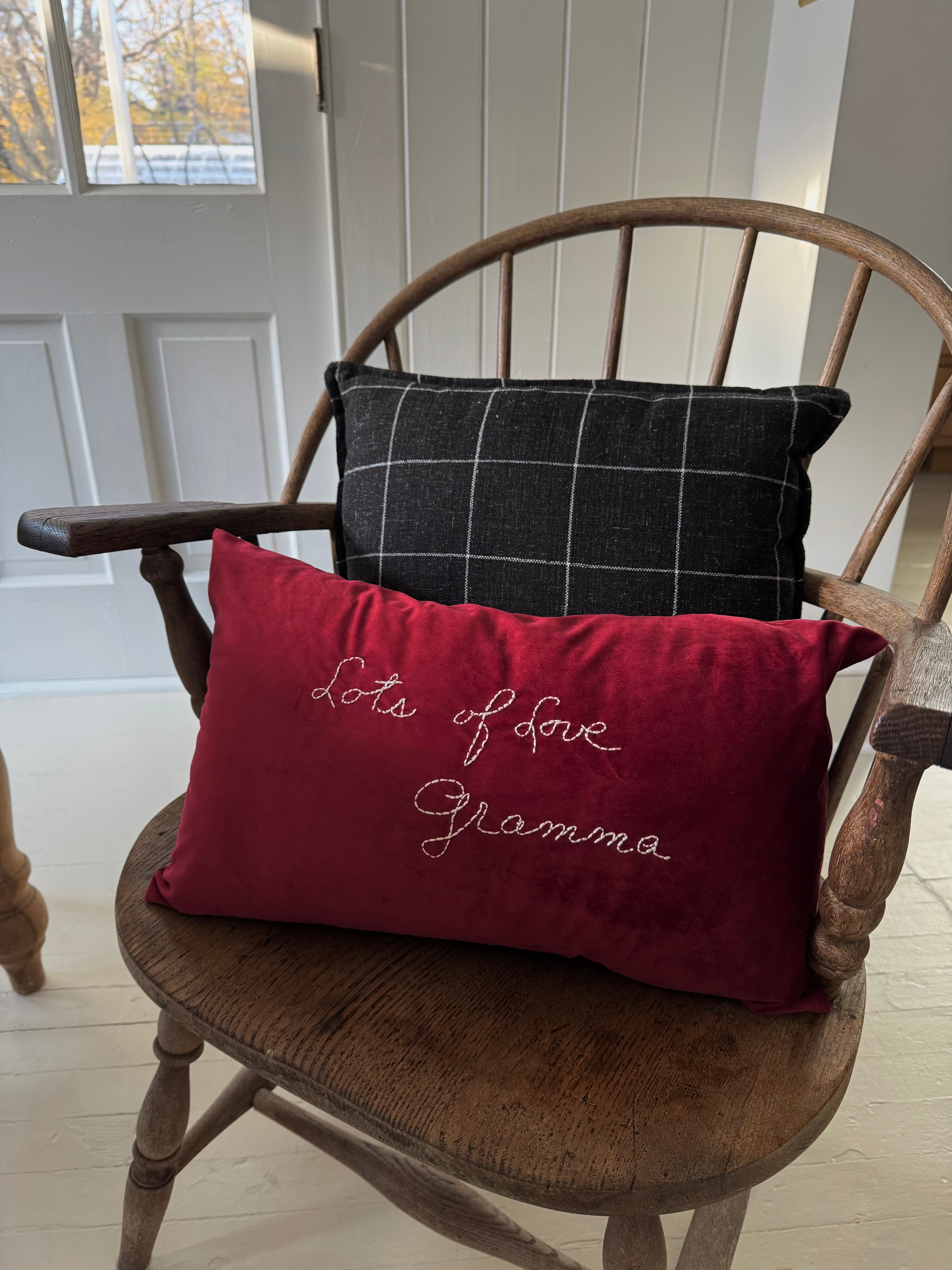 Hand Embroidered Velvet Handwriting Pillow