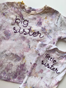 Big or Little Sister Ice Dyed and Hand Embroidered T-shirt or Onesie