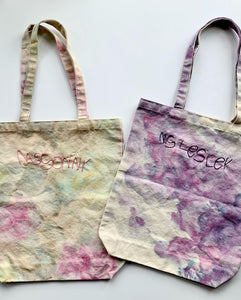 Custom Hand Embroidered Kid’s Writing and Ice Dyed Tote Bag