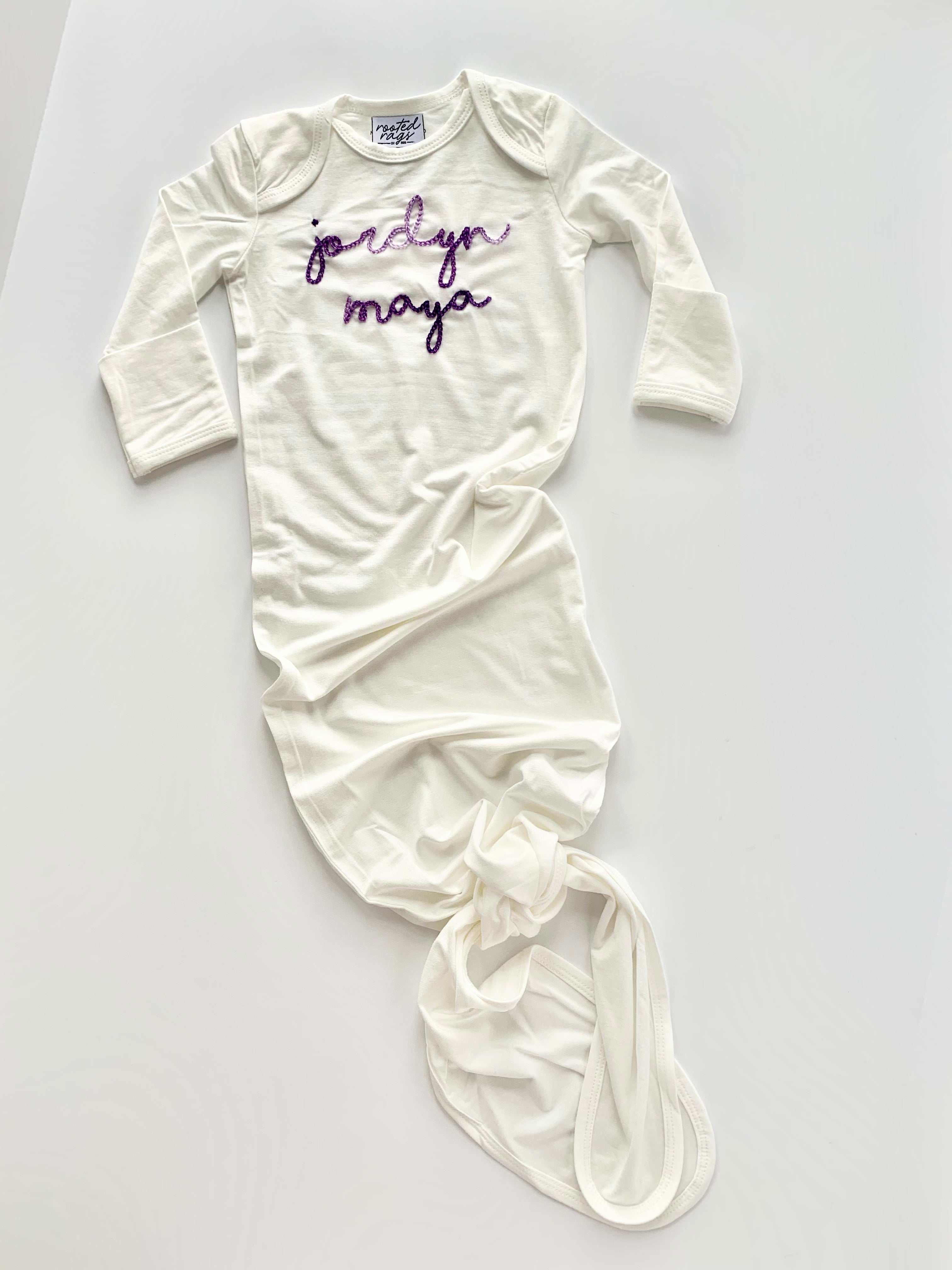 Hand Embroidered Name Baby Knotted Gown