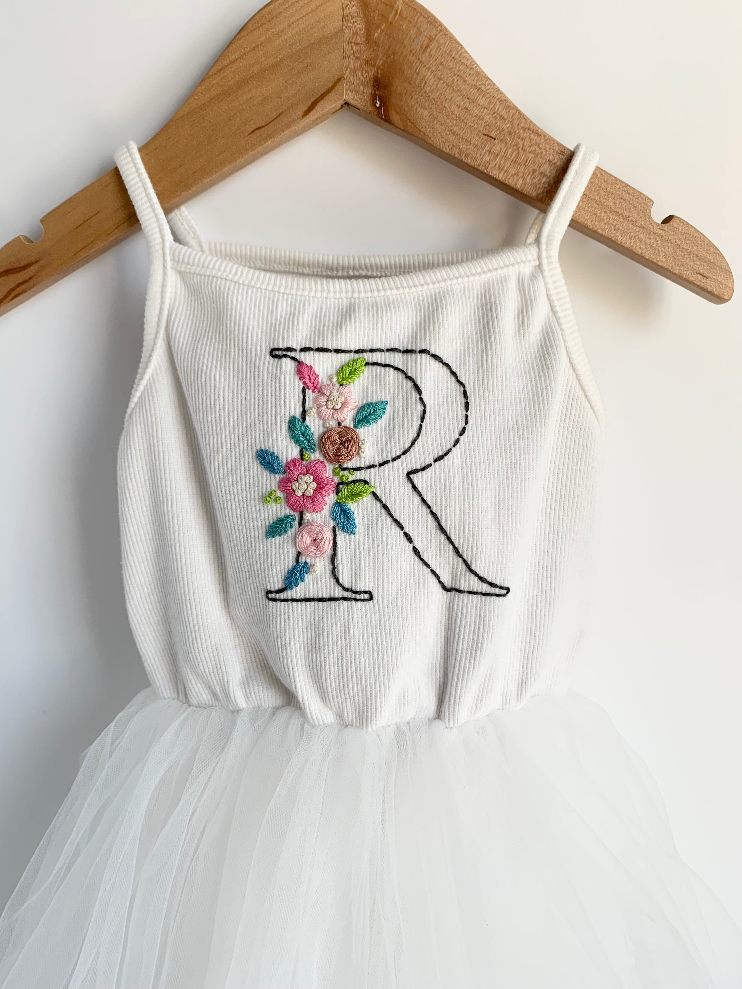 Floral Letter or Number Hand Embroidered Tutu and Cotton Dress