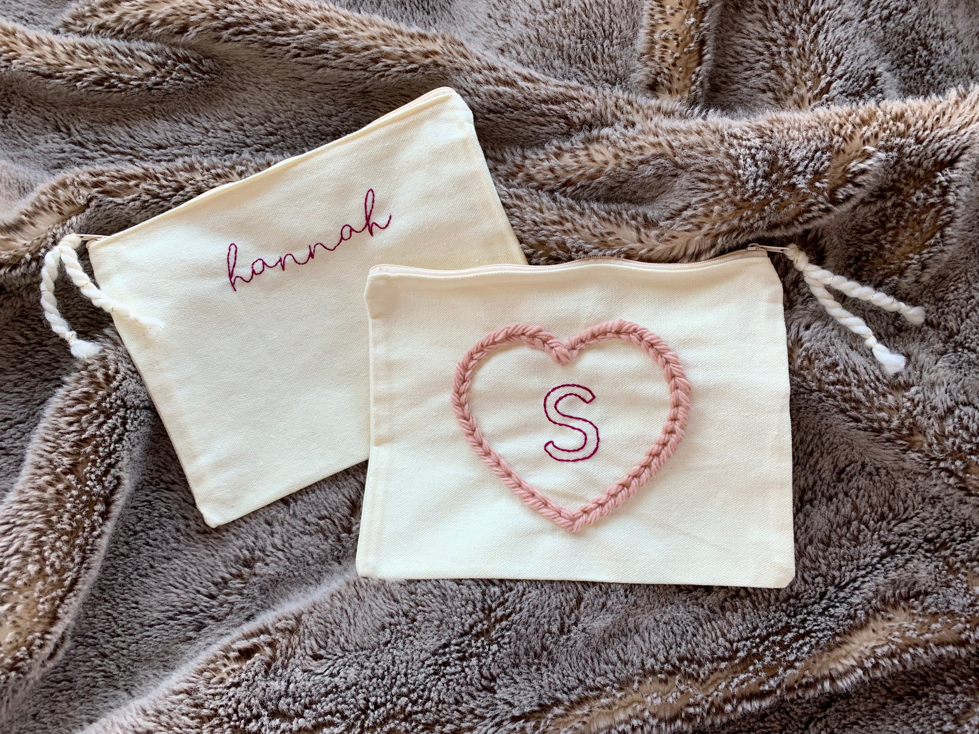 Hand Embroidered Heart and Initial Pouch