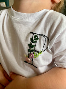 Custom Hand Embroidered Floral Letter Onesie® or T-shirt
