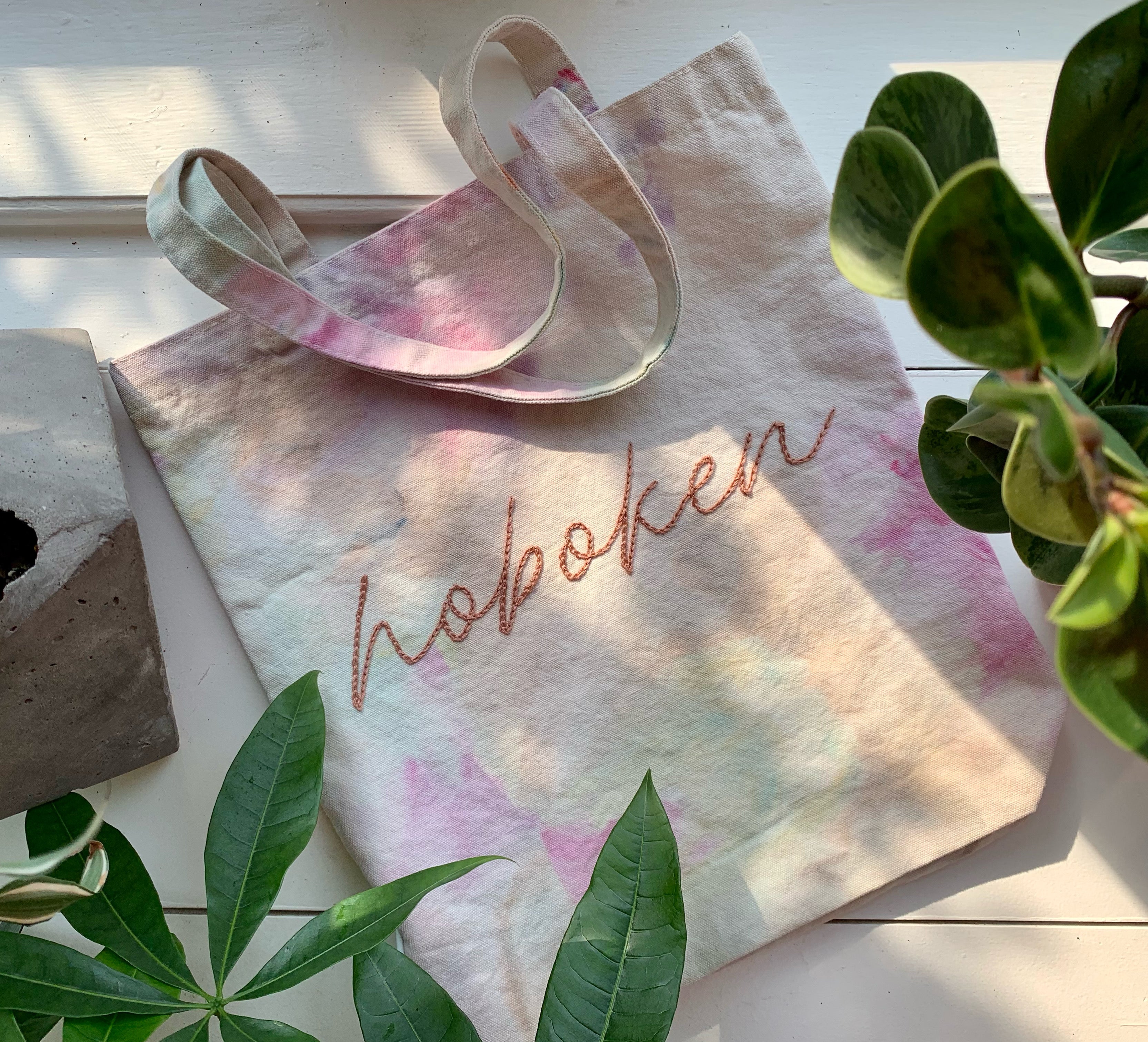 Custom Hand Embroidered and Ice Dyed Tote Bag